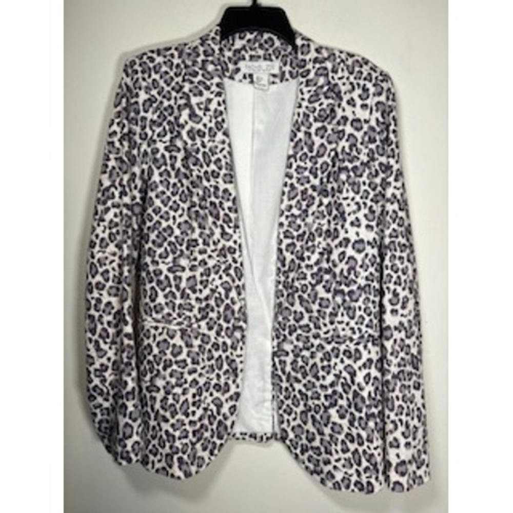 RACHEL ZOE Blazer Large Grey Leopard Print Linen Blend Open Front Chic‎ Career